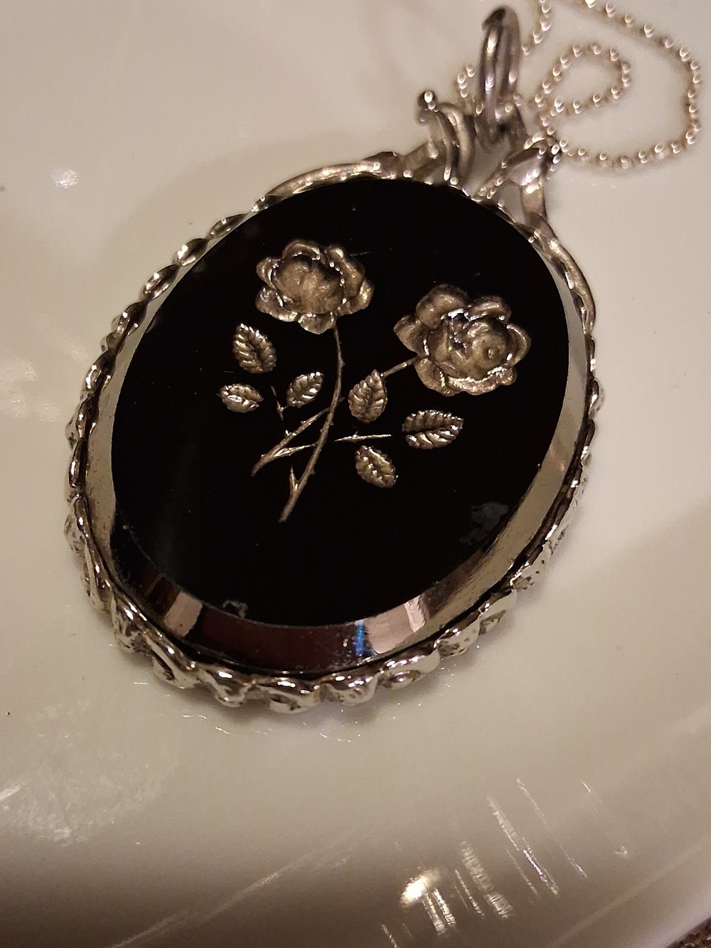 Black Onyx Oval 4" and .925 Silver Italian Floral InSet Craftd  Pendant Necklace
